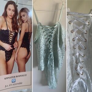2 BNWT we are HAH green white spinster lace up bridal reversible bodysuit Large